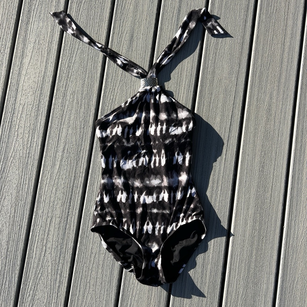 Michael Kors Swimsuit Hi Neck Halter One-Piece Bathing Suit Tie Dye SZ 4 black